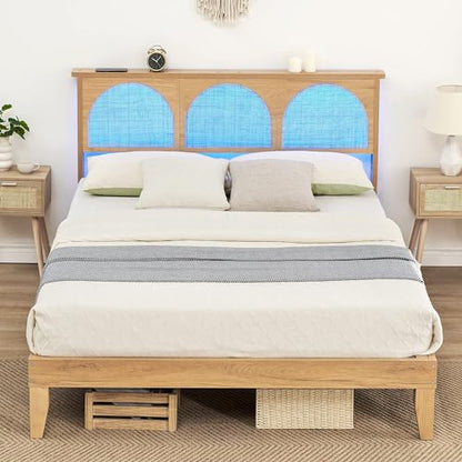 GAOMON Queen Bed Frame with Natural Rattan Headboard, Queen Size Platform Bed Frame with LED Lights and Rattan Headboard, Wooden Support Legs, No Box Spring Needed, Easy Assembly