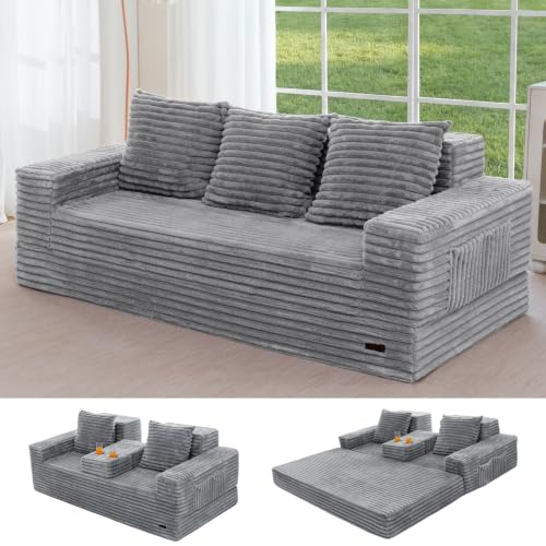 MAXYOYO Sofa Bed, 80-Inch Oversized Boneless Loveseat, 2 Cup Holders | Striped Grey 4-in-1 Boneless Couch Converts Into a Floor Sofa or Chair; Sofa-in-a-Box Design Requires No Assembly. - color: Striped Grey, size: Oversized(80" Length)