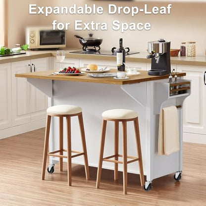 52" Kitchen Island with Storage, Wheels & Drop Leaf, Adjustable Shelf | Oak Top, White Retro Kitchen Cart on Casters, 2 Cabinets, 5 Drawers, Spice Rack, Towel Bar, Durable, Easy Assembly - color: White