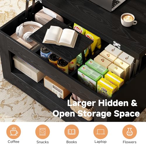 UNIQUITE 40" Lift Top Coffee Table, 4 in 1 Multi-Function Lift Coffee Tables with Storage and Hidden Compartment, Convertible Wood Coffee Tables to Dining Table for Living Room, Black - color: Black