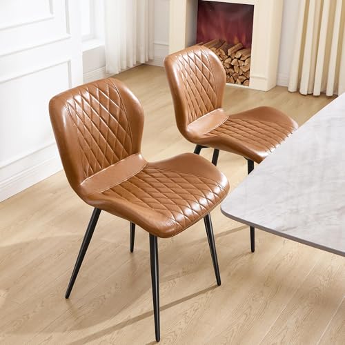 Dining Chairs Set of 2,Faux Leather Modern Dining Chairs with Thick Cushions, Upholstered Kitchen Side Chairs with Adjustable Metal Legs for Dining Room (Caramel) - color: Caramel, size: Set of 2