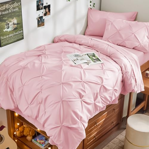 JOLLYVOGUE Twin Comforter Set 5 Pieces - Bed in a Bag Twin for All Season, Pintuck Bedding Comforter Sets with Comforter, Flat Sheet, Fitted Sheet and Pillowcases & Shams, Baby Pink - color: Baby Pink, size: Twin