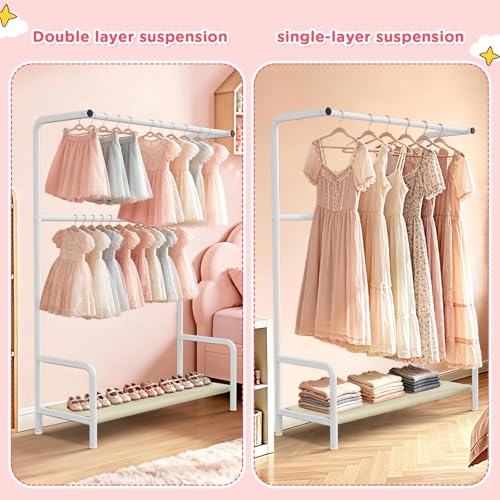 Kids Clothing Rack Double Rods for Bedroom Playroom White | Double Rod Design, Powder Coated Steel, Bottom Storage Shelf, for Baby Toddler Clothes, Dress Up, Nursery, Bedroom, Playroom - color: White