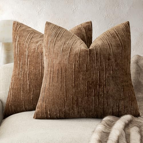 Foindtower Pack of 2 Slubby Textured Chenille Throw Decorative Pillow Covers Square Accent Solid Cushion Cover Neutral Farmhouse Pillow Case for Couch Sofa Bedroom Living Room 20x20 Inch,Dark Bronze - color: Dark Bronze, size: 20" x 20" (Pack of 2)