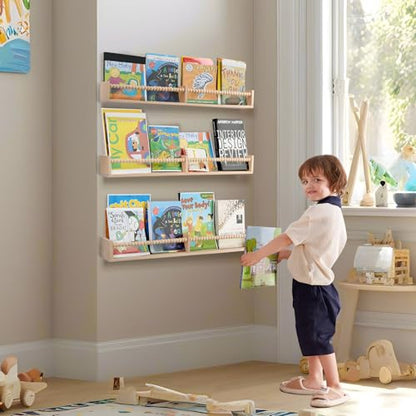 birola Nursery Shelves with Beads Design - 32 Inches Wall Book Shelves Set of 3, Space-Saving Nursery Book Shelves for Kids Room, Bedroom and Study Room(Natural)