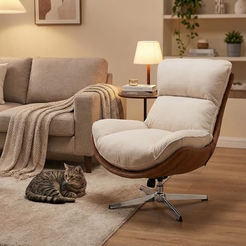 DUOMAY Linen Swivel Lounge Chair, Beige | High Back Upholstered Accent Chair With Chrome Base, Armless Comfy Recliner Single Sofa Chair for Living Room, Office - color: Beige, size: Set of 1