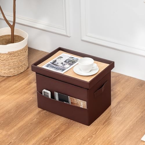 Small Storage Ottoman,Foldable Foot Stool with Reversible Tray Lid and Side Pocket,Leather Ottoman Foot Rest Stool with Padded Seat,for Living Room Bedroom,11.6x16.3x11.4 Inches,Brown - color: Dark Brown-leather, size: 16" Wide