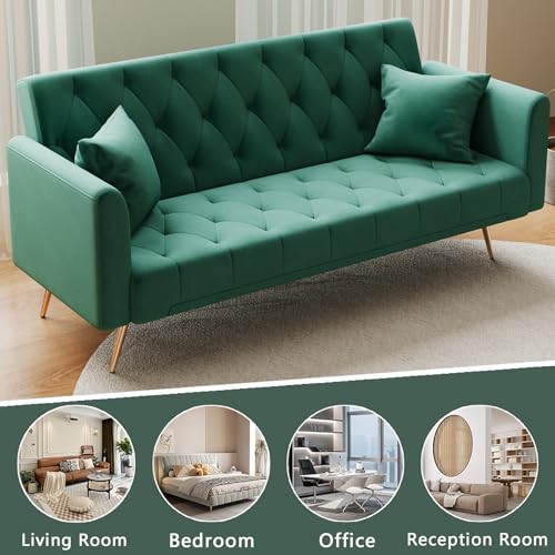 Majnesvon 71" Convertible Folding Sleeper Sofa Couch,Modern Velvet Loveseat Sleeper with 2 Pillows, Futon Sofa Bed with Mattress and Frame for Living Room,Bedroom,Small Space (Green) - color: Green