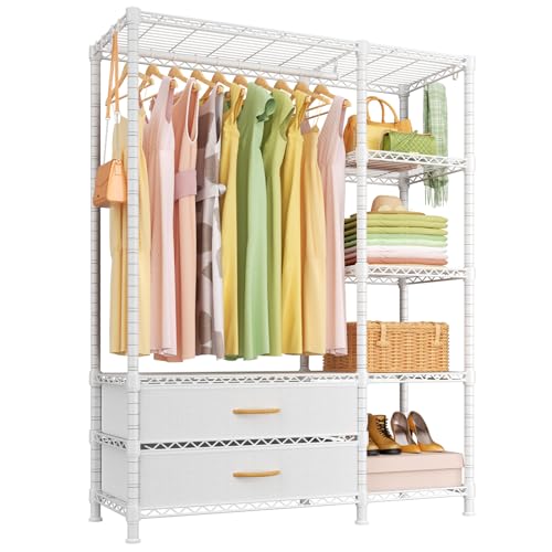 F3 Heavy Duty Clothes Rack（With Fabric Drawers）Freestanding Clothing Racks for Hanging Clothes，Adjustable Closet Organizer System，Portable Garment Rack 40" W x 15" D x 72" H，Max Load 700LBS，White - color: White, style: Freestanding