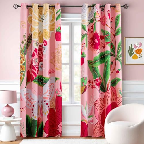 Tyrot Pink Coquette Floral Grommet Blackout Curtains, 52W x 63L, 2 Panels | Girls Bedroom, Teen Room, Dorm Decor, Thermal Insulated, Heat Blocking, Light Blocking Privacy, Heavyweight Drapes - color: Boho Rose, size: 52"W x 63"L (Pack of 2)