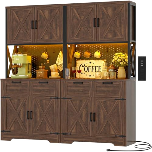 Unikito 71" Tall Kitchen Pantry Cabinet with Microwave Countertop, 63" Wide | Weathered Brown, Large Kitchen Hutch Storage cabinet with Charging Station & LED Lights, Drawers, Doors for Dining Room - color: Weathered Brown, size: 63 Inch