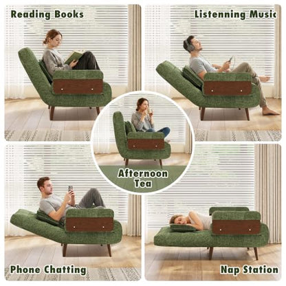 JASIWAY 37" Mid-Century Convertible Sofa Chair Bed Sleeper for Adult, Futon | Space Saving, Sturdy Green Chenille Convertable Guest Bed with Adjustable Backrest, Folding Sofa Chair with Walnut Armrest - color: Mid-century Green, size: 36.6" W Sleeper Chai