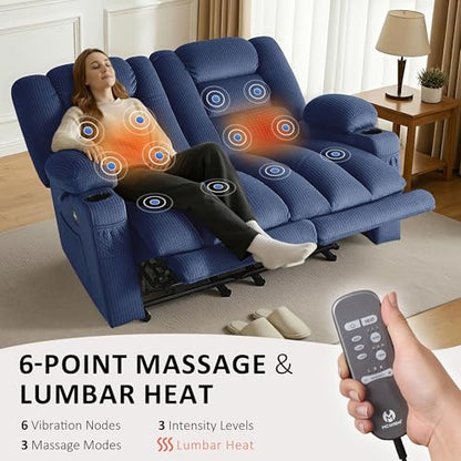 MCombo 56 in Reclining Loveseat Recliner with Heat & Massage PR648 (Blue) | 155° Zero Gravity, Dual Charging Ports, Cup Holders, FSC & OEKO Certified - color: Navy Blue, size: Loveseat Recliner with Zero Gravity
