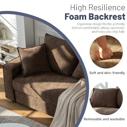YUHUASHI Square Loveseat Sofa,Linen Fabric Upholstered Couch，Brown | 65 Inch W/Brown Sofa/Linen Fabric/Sturdy Small Space Sofa /Furniture for Living Room Bedroom/Modern Square Design - color: Brown, size: 65 Inch W
