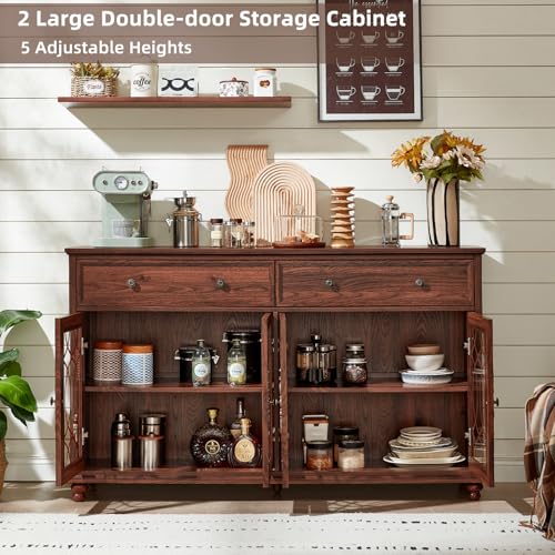 Joaxswe Farmhouse Sideboard Buffet Cabinet with Storage,59" Large Credenza with 4 Glass Doors & 2 Drawers,Adjustable Shelves Console Table,Wood Kitchen Coffee Bar for Dining Room,Living Room,Brown