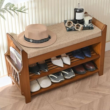 PETKABOO Shoe Bench with Hidden Drawer and Side Holder, 2 Tier Entryway Bench with Storage 31.5 in, Bamboo Shoe Rack with Cushion for Entryway Hallway Living Room Bedroom - size: 31.5"