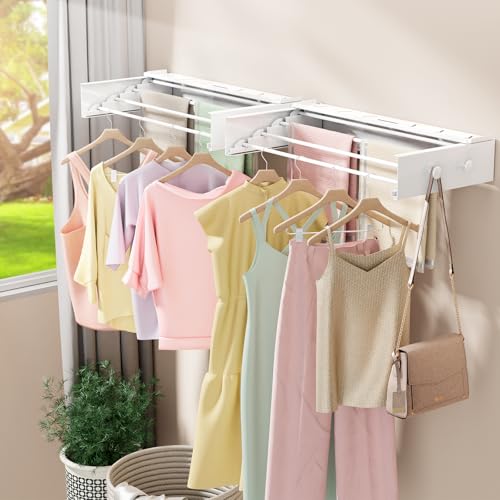 BAKON Wall Mounted Drying Rack with 4 Hooks and Shelf, Foldable Clothes Drying Rack for Laundry Room, Collapsible Laundry Rack Wall Mount, for Indoor Outdoor Hanging Clothes, 23.6 Inch - size: 23.6''【Upgrade】