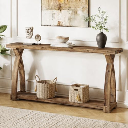Solid Wood Console Table for Entryway, 63-Inch Narrow Farmhouse Couch Table Behind Sofa with 2-Tier Storage for Entrance, Foyer, Living Room, Long, Rustic Brown - color: Brown