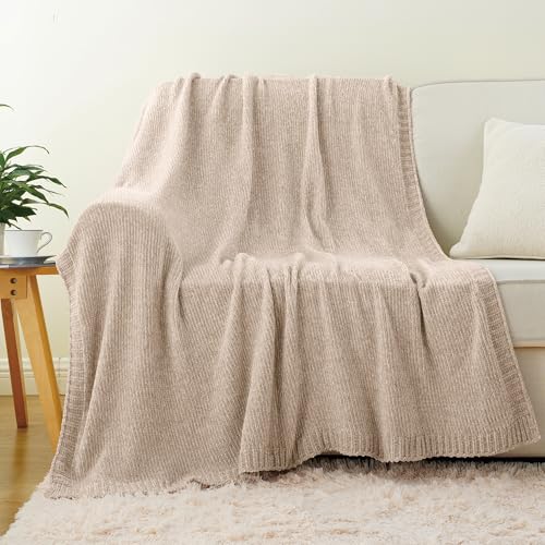 Beige Throw Blanket for Couch, Soft Chenille Throw Blanket 51"x67" | Shiny Oatmeal Chenille Blanket, Breathable & Midweight Knit Throw Blanket, Neutral Throw for Bed Sofa Home Decor - color: Beige