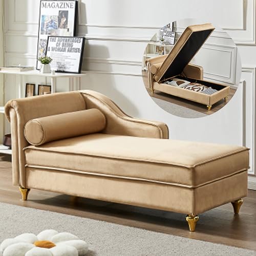 60.6" Modern Storage Chaise Lounge Indoor,Velvet Upholstery Sofa Chair with1 Toss Pillows,Upholstery Lounge Sofa with Gold Metal Legs for Small Apartment,Living Room,Office,Reception Area,Khaki - color: Khaki