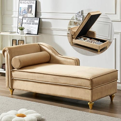 60.6" Modern Storage Chaise Lounge Indoor,Velvet Upholstery Sofa Chair with1 Toss Pillows,Upholstery Lounge Sofa with Gold Metal Legs for Small Apartment,Living Room,Office,Reception Area,Khaki - color: Khaki