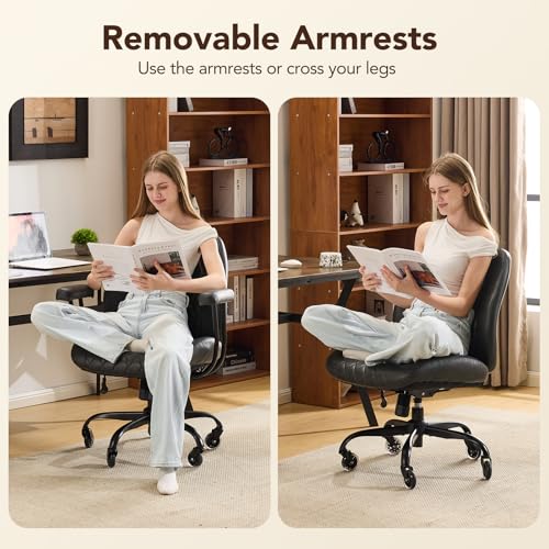 YFO Home Office Desk Chair Office Rubber Casters Ergonomic Computer Chair with Lumbar Support Adjustable Height Rolling Swivel Executive Task Armrests Chair， Black PU - color: Black, size: Mid Back