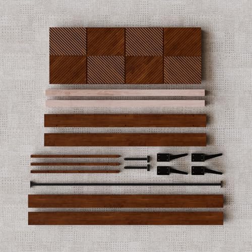 Bme Rhombus Queen Bed Frame – Solid Rubber Wood with Geometric Rhombus Headboard, Walnut Finish, Scandinavian Modern Platform Bed with Sturdy Slats & Metal Legs, No Box Spring Needed - color: Walnut, size: Queen, style: Scandinavian