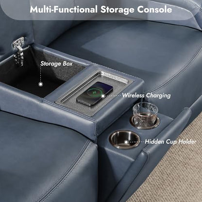 Watson & Whitely Wall Hugger Power Reclining Sofa with Console, Navy Blue | Genuine Leather Recliner Sofa, Power Headrests, Center Storage Console, Cup Holders, 3-Seater Couch, Living Room & RV - color: Navy Blue, style: 3 Seater Sofa (with console)