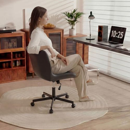 Armless Desk Chair, Morden Home Office Chair no Arms, Adjustable Height & Rocking Computer Chair, PU Leather Vanity Chair, Ergonomic Seat Soft Padded Desk Chairs for Home Small Space, Black - color: Black