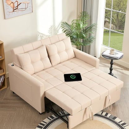 GOSUHI 52" 3-in-1 Convertible Sleeper Sofa Bed, Linen, Beige | Pull-Out Bed, Stepless Adjustable Backrest, Side Pocket, Compact Loveseat, Living Room, Dorm & Apartment - color: Beige