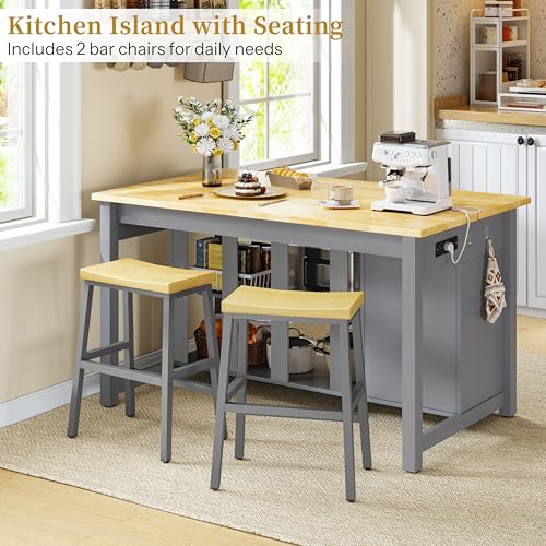 Kitchen Island with Storage and Seating Include 2 Bar Stools, Drawers, Grey | 47" Solid Rubberwood Top Kitchen Island with Trash Can Storage, Power Outlet, 6 Hooks, Coffee Bar Cabinet, Dining Table for 2 - color: Grey