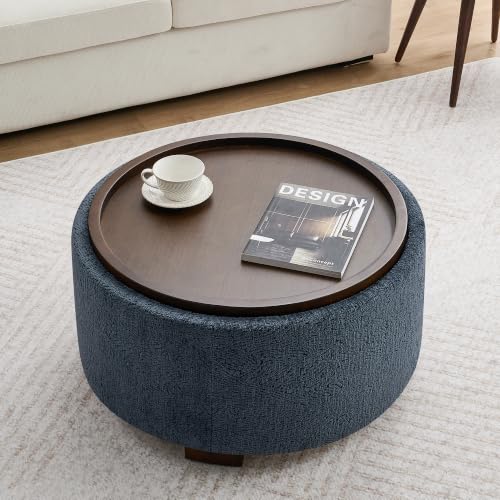Zihanhome 30" Round Storage Ottoman Coffee Table with Removable Tray Top, Large Hidden Storage Ottoman, Solid Wood Legs for Living Room, Bedroom, Apartment (Blue Striped) - color: Blue Striped
