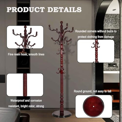 Coat Racks Free Standing with 14 Hooks, Natural Wood Coat Rack with Solid Round Base, Adjustable Height Coat Racks, Easy Assembly for Hallway, Bedroom and Office (Reddish brown) - color: Reddish brown