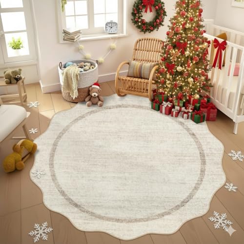 GarveeHome Scalloped Washable Round Rugs Non-Slip Round Rug 4 ft, Beige | Soft Ultra-Thin Small Boho Circle Stain Resistant Low Pile Carpet for Entryway Kitchen Bedroom Nursery Bathroom - color: Beige, size: 4' x 4' (Round)