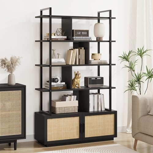 IDEALHOUSE 5 Tier Rattan Bookshelf with Storage Cabinet & Door, 71.1 Inch Tall Industrial Book Shelf with Open Display Shelves, 5 Shelf Bookcase with Metal Frame for Living Room, Bedroom -Black - color: Black