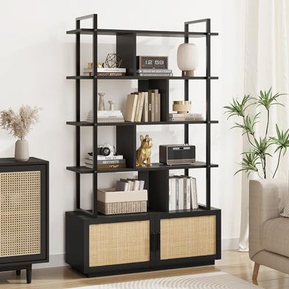 IDEALHOUSE 5 Tier Rattan Bookshelf with Storage Cabinet & Door, 71.1 Inch Tall Industrial Book Shelf with Open Display Shelves, 5 Shelf Bookcase with Metal Frame for Living Room, Bedroom -Black - color: Black