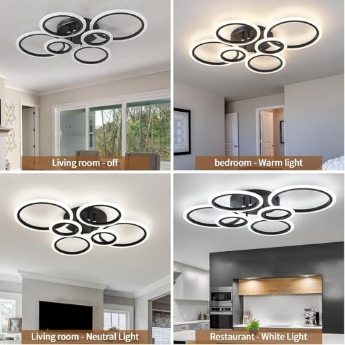 Shine LUEST 6 Rings Black Modern LED Ceiling Light Fixture, Flush Mount Ceiling Light with Remote Dimmable Brightness, Adjustable 3000-6000K Color Temperature, Timer for Living Room, Bedroom - color: Black, 6 Rings
