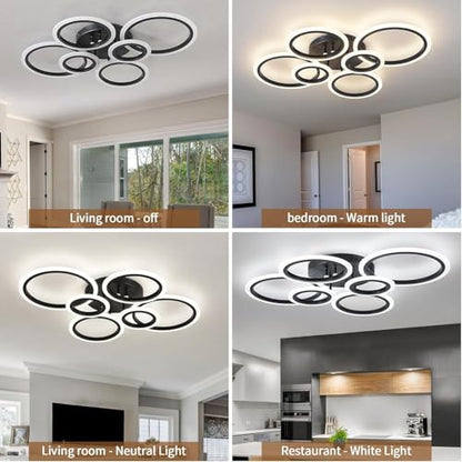Shine LUEST 6 Rings Black Modern LED Ceiling Light Fixture, Flush Mount Ceiling Light with Remote Dimmable Brightness, Adjustable 3000-6000K Color Temperature, Timer for Living Room, Bedroom - color: Black, 6 Rings