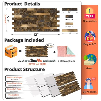 StyloVue 20 Sheets Peel and Stick Backsplash for Kitchen, Rust Slate with Metal Gold Look Stick on Tile Upgrade Your Kitchen Backsplash, RV, Fireplace - color: Rust Slate With Metal Gold