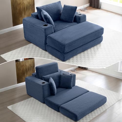 HANXIN 62" Chaise Lounge Chair Indoor, Oversized Corduroy Boneless Convertible Chaise Lounge Couch Sleeper Chair with Ottoman, Deep Seat Reading Chair, No Assembly Required (Blue) - color: Blue, size: 52"W x 61"D