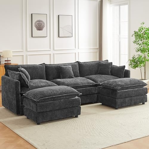 Modular Sectional Sofa, 112.2 Inch U Shaped Couch Set with Armrests, 3-Seater Comfy Cloud Couches with Movable Ottoman for Living Room Apartment, Grey - color: Grey, size: 112'' - U Shape