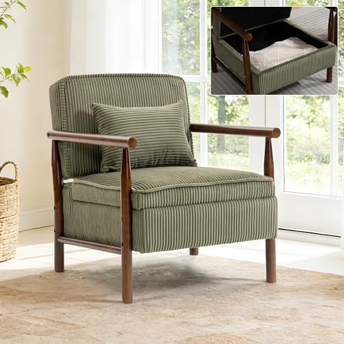 Accent Chair, Comfy Modern Lounge Reading Arm Chair with Storage | Corduroy Upholstered Lounge Arm Chair with Solid Wood Reading for Living Room/Balcony/Bedroom-Green - color: Storage-corduroy-green