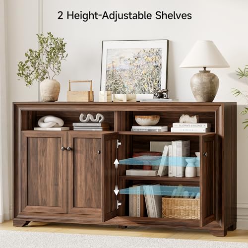 60 Inches Sideboard Buffet Cabinet with Storage and 4 Doors, Brown | Large Sideboard Kitchen Cabinet with Open Shelf & Adjustable Shelf, Kitchen Coffee Bar Console Table for Living Room, Hallway - color: Brown