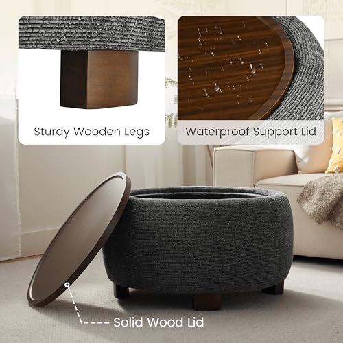VKNOW 30" Round Storage Ottoman, Ottoman Coffee Table with Removable Wood Top and Solid Wood Legs for Living Room, Bedroom, Apartments (Black) - color: Black