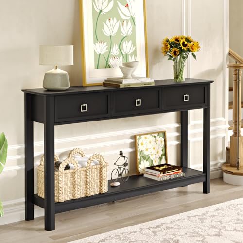 Treocho 53.1" Console Table with 3 Drawers, Sofa Table Behind Couch, 2 Tier | Long Entryway Table with Storage, Modern, For Hallway, Living Room, Black - color: Black