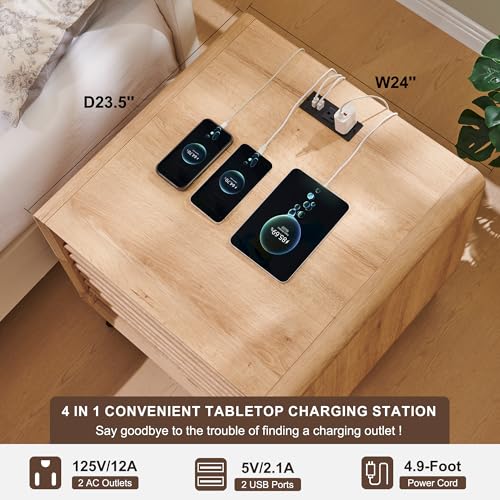 RedLemon 24" Fluted Nightstand with Charge Station, 2 Drawers, Oak | Mid Century Modern, 2 Drawers & Open Cubby Storage, P2 Engineered Wood, Smooth Slides, Easy Assembly, Charge Station