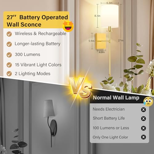27 Inch Wall Sconces Battery Operated Set of 2, Rechargeable Wireless Wall Sconces Lights with Remote, Not Hardwired Dimmable Gold Wall Lamps with White Fabric Shade for Bedroom, 2 Bulbs Included - color: Gold and White, size: 27 inch