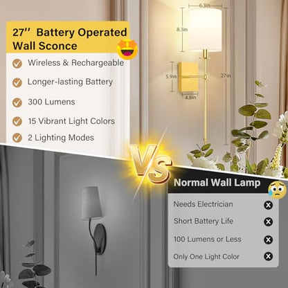 27 Inch Wall Sconces Battery Operated Set of 2, Rechargeable Wireless Wall Sconces Lights with Remote, Not Hardwired Dimmable Gold Wall Lamps with White Fabric Shade for Bedroom, 2 Bulbs Included - color: Gold and White, size: 27 inch