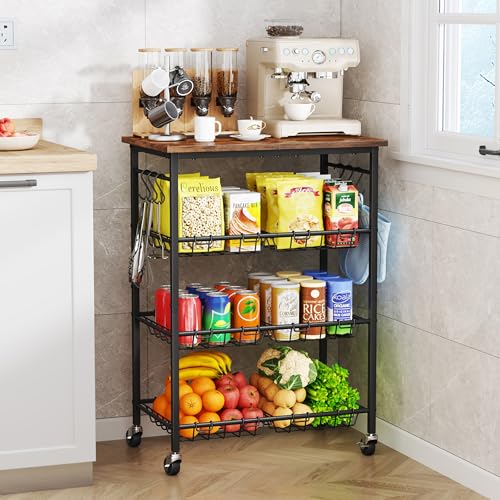 SWTYMIKI 24.4''x15.7'' Rolling Microwave Cart - 4 Tier Microwave Table Stand with 6 Storage Baskets, Coffee Bar with Wheels, Kitchen Utility Cart Shelf Rack Organizer for Vegetables, Potato, Brown - color: Brown
