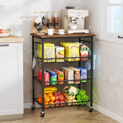SWTYMIKI 24.4''x15.7'' Rolling Microwave Cart - 4 Tier Microwave Table Stand with 6 Storage Baskets, Coffee Bar with Wheels, Kitchen Utility Cart Shelf Rack Organizer for Vegetables, Potato, Brown - color: Brown